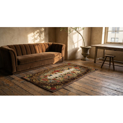 Tapis antique américain crocheté brun américain des années 1890
