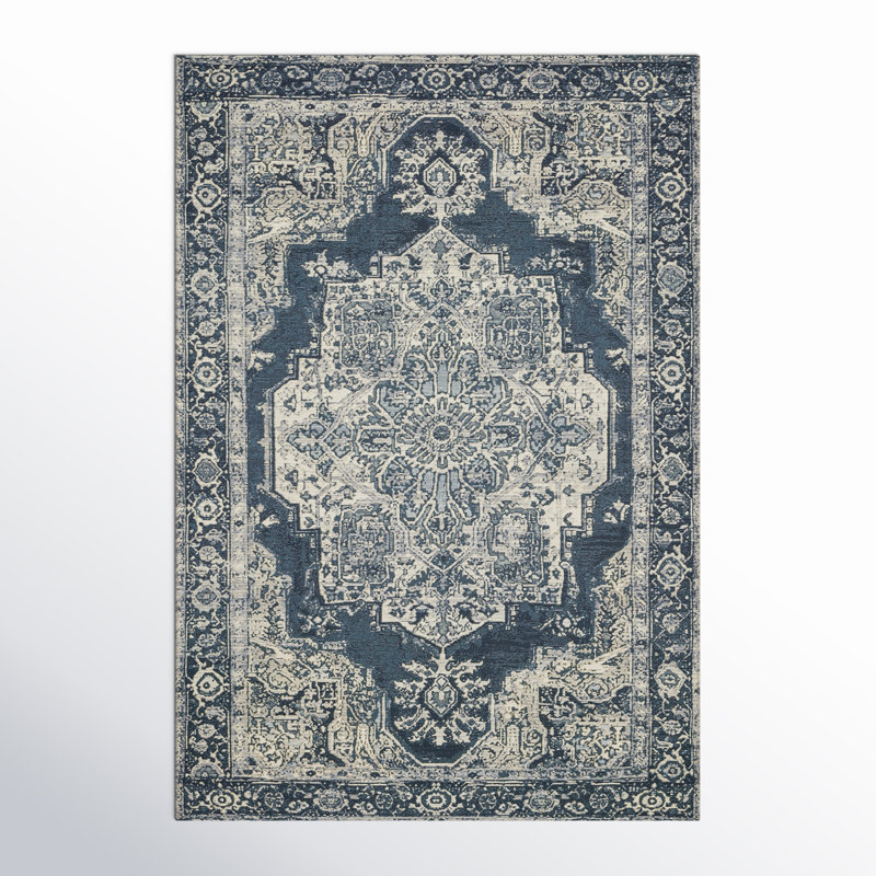Tapis oriental bleu / crème Pinafor, Rectangle 5 pi 3 po x 7 pi 8 po