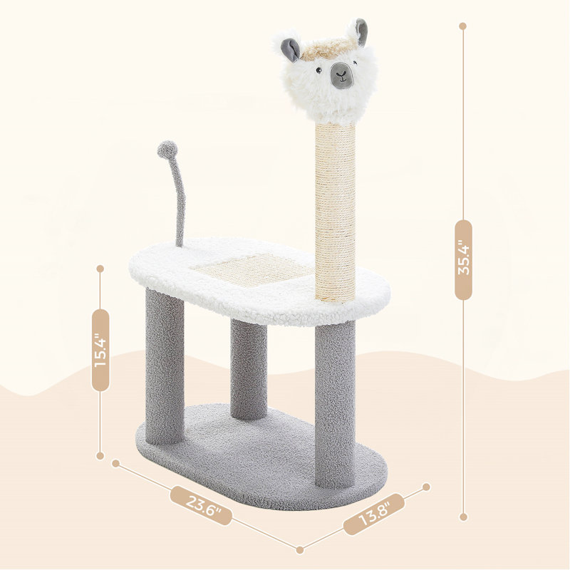 Arbre à chat en forme d'alpaga avec boule de printemps, poteau à griffes en sisal, tour pour chat de 35,4 po de hauteur