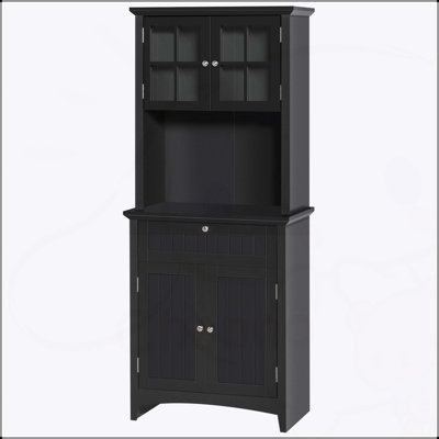 Élégant buffet avec huche, armoire de rangement spacieuse pour garde-manger, tablettes réglables, espace pour micro-ondes, noir