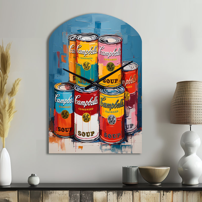 Pop Art Campbells Soup I - Pop Art Arch Metal Wall Clock, Glam Asymmetrical Metal Clock Print, Medium