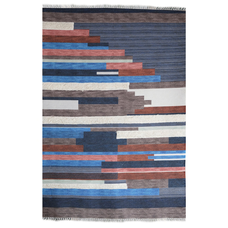 Tapis intérieur / extérieur bleu marine en coton tissé à la machine Iyleen, Rectangle 2 pi 7 po x 4 pi 11 po