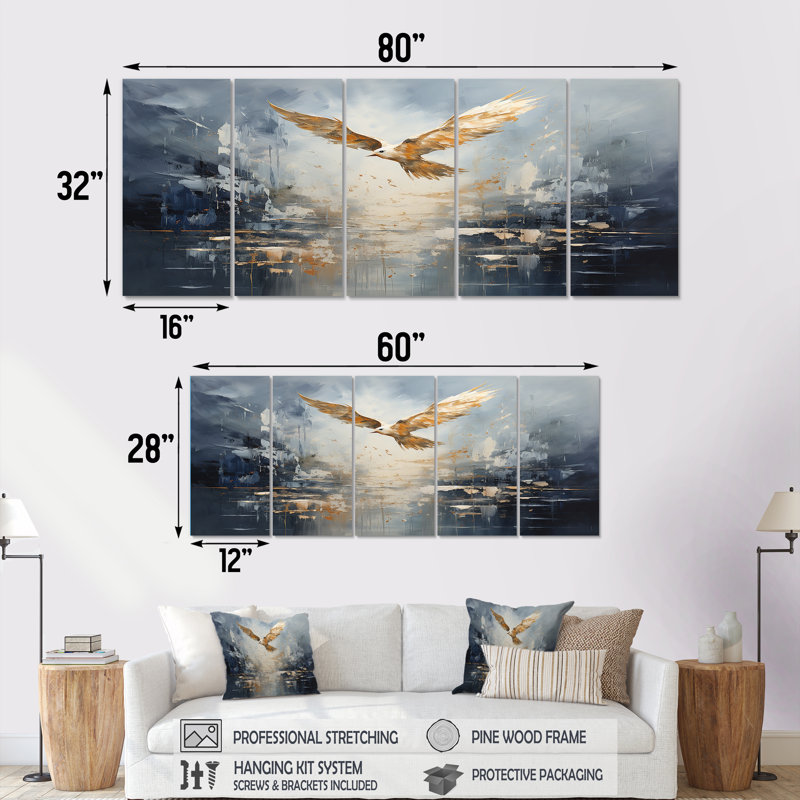Décoration murale 5 pièces, oiseau doré en vol au-dessus de l'océan I, H 28 po x l 60 po