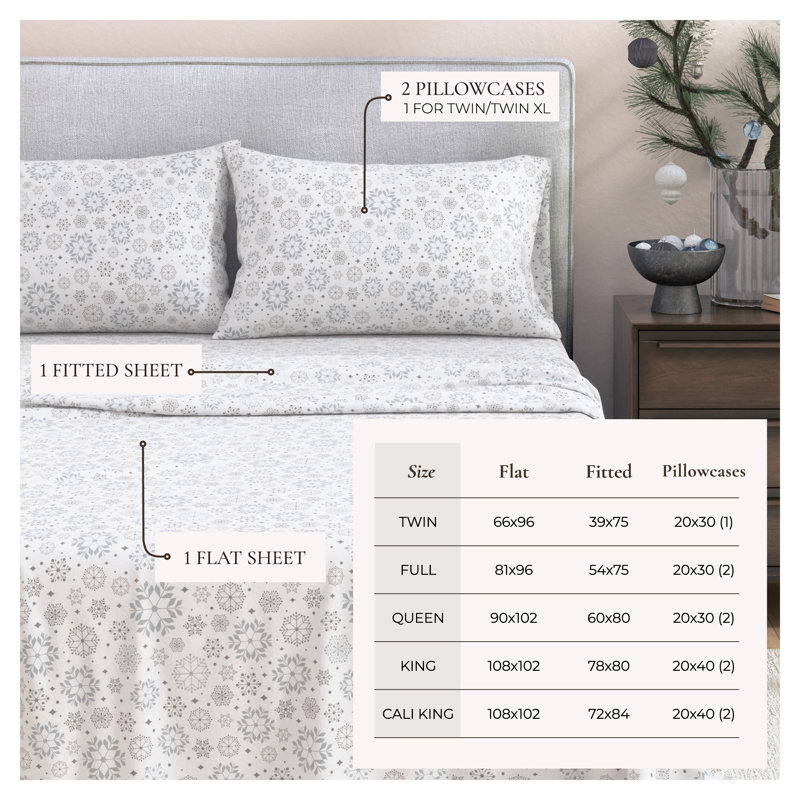 100% Turkish Cotton Flannel Christmas Sheet Sets, Snowflakes, King with 2 Pillowcases