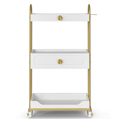 Chariot de salon de coiffure avec roues verrouillables, chariot de beauté à 3 niveaux avec 2 tiroirs et porte-sécheuse, chariot de beauté mobile pour salon de beauté Spa (blanc-nouveau)