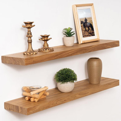 30" Solid Elm Wood Floating Shelves Set Of 2, Rustic Natural