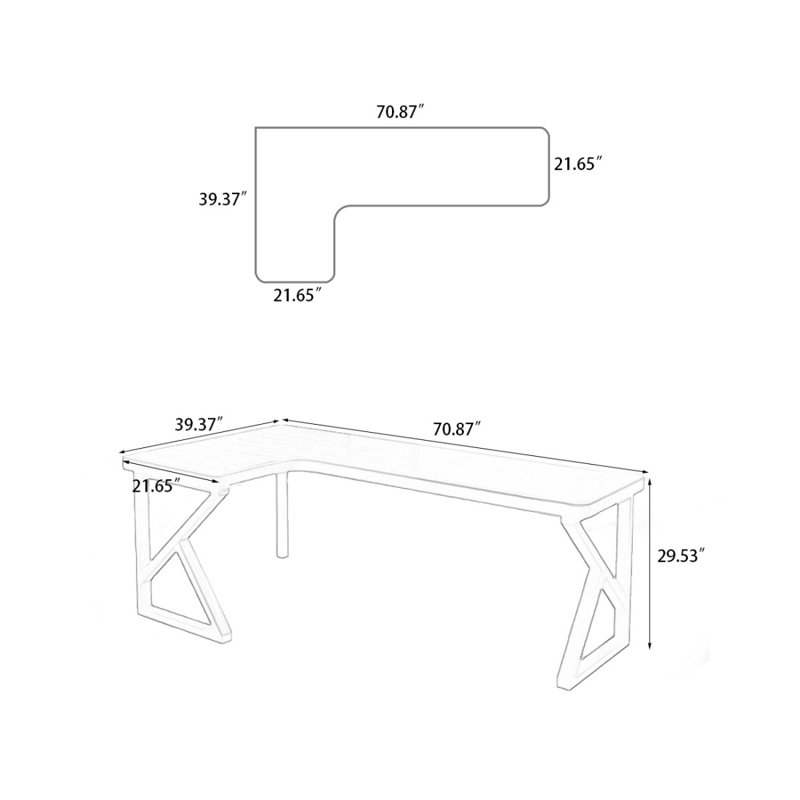 Bureau d'écriture en bois massif en L de couleur châtaignier clair, Left Hand Return, H 29,53 po x l 70,87 po x P 39,37 po