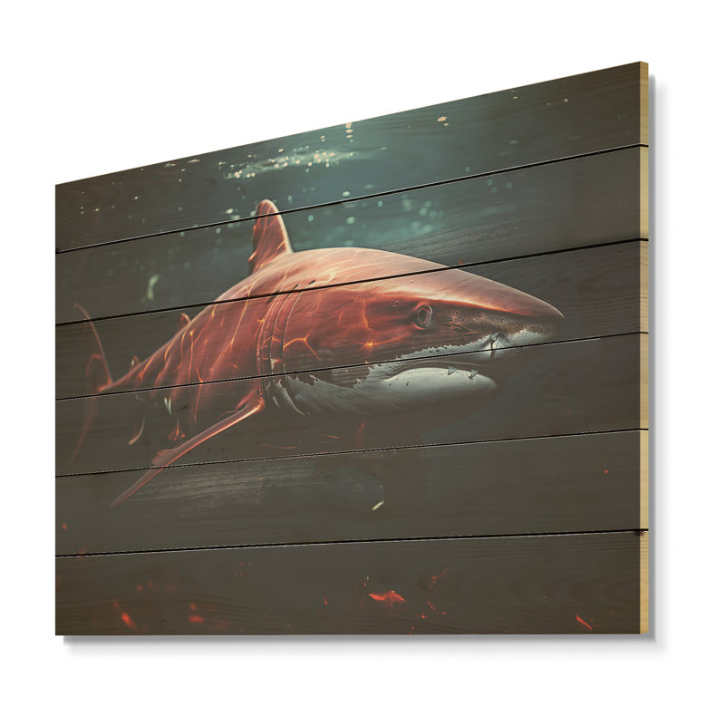 Océan rouge, requin fantôme, photographie sur bois de pin naturel, H 30 po x l 40 po