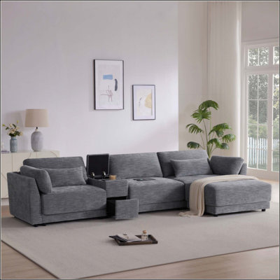 Canapé modulaire en L avec console de rangement multifonctionnelle, chargeur câblé et sans fil, repose-pieds mobile, coussin plus large et plus épais, combinaison libre pour le salon et appartement, chenille