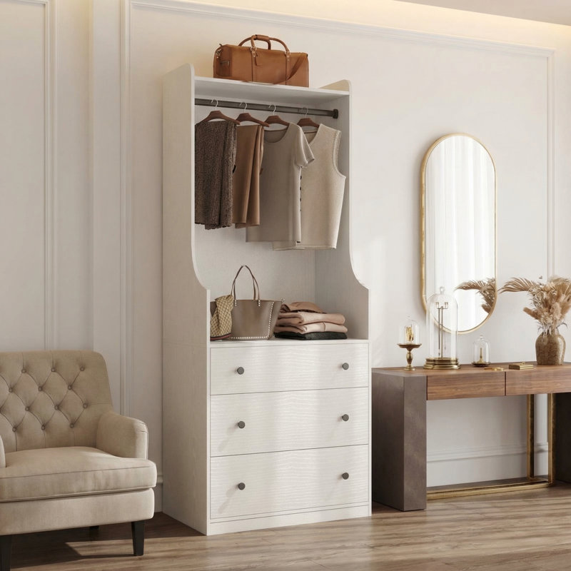 White 3-Drawer Wardrobe with Hanging Rod, 81.9" H Space-Saving Freestanding Closet Organizer with Curved Side Panels for Bedroom & Entryway