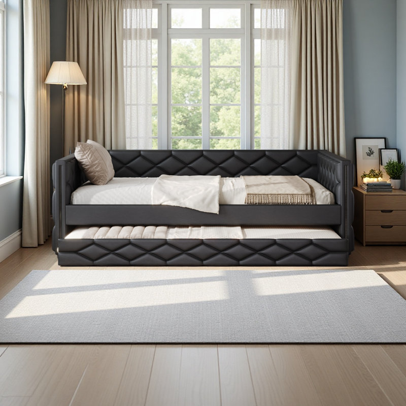 Full XL Size Upholstered Daybed With Trundle And LED, Black