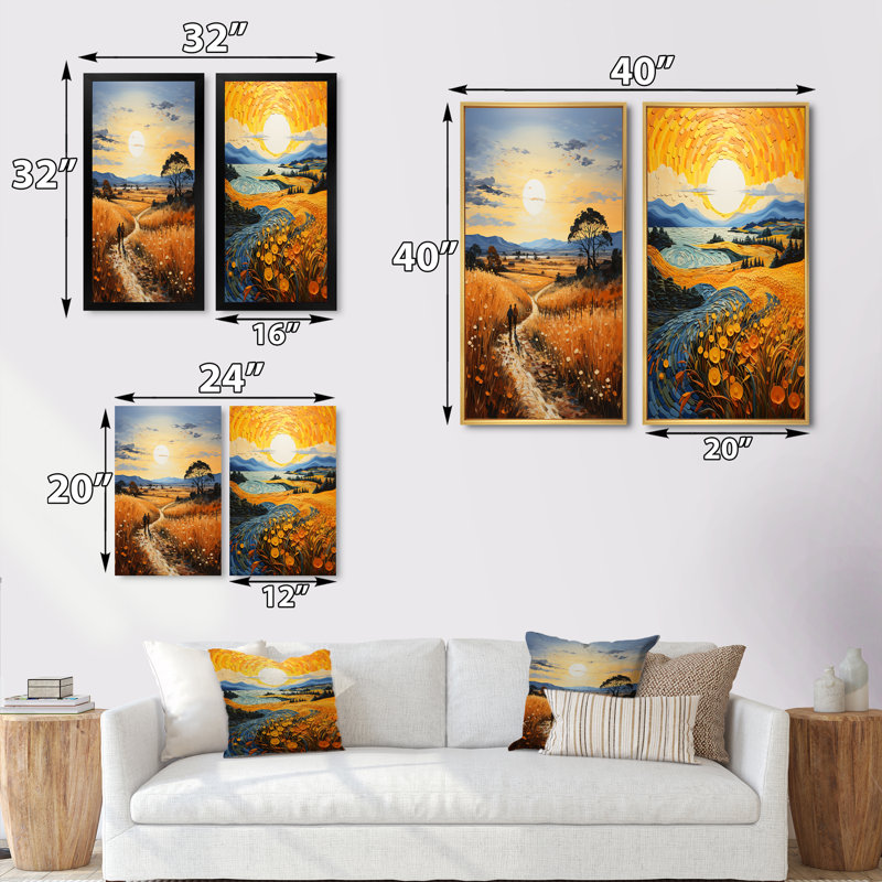 «Vangogh Harvest Time In The Wheat Fields», 2 pièces, Encadrement brun, H 32 po x l 32 po