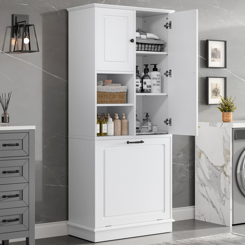 Armoire de salle de bain 68 po avec panier à linge inclinable H 68 po, Blanc