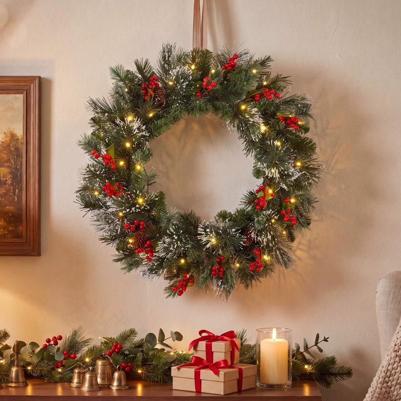 Couronne de Noël artificielle pré-éclairée pin de Noël, 24 in