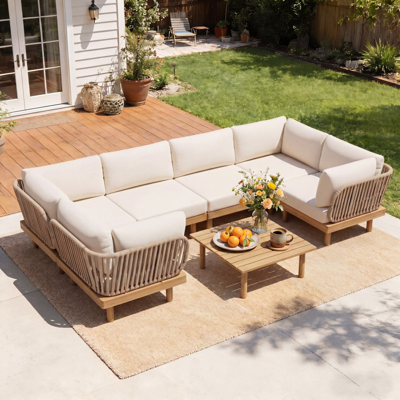 Ensemble de 7 pièces de mobilier de patio modulaire en bois d'acacia moderne, siège à corde résistant aux intempéries et table basse avec coussin moelleux
