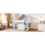 Lit mezzanine double avec toit à baldaquin et armoire de rangement, blanc et bleu