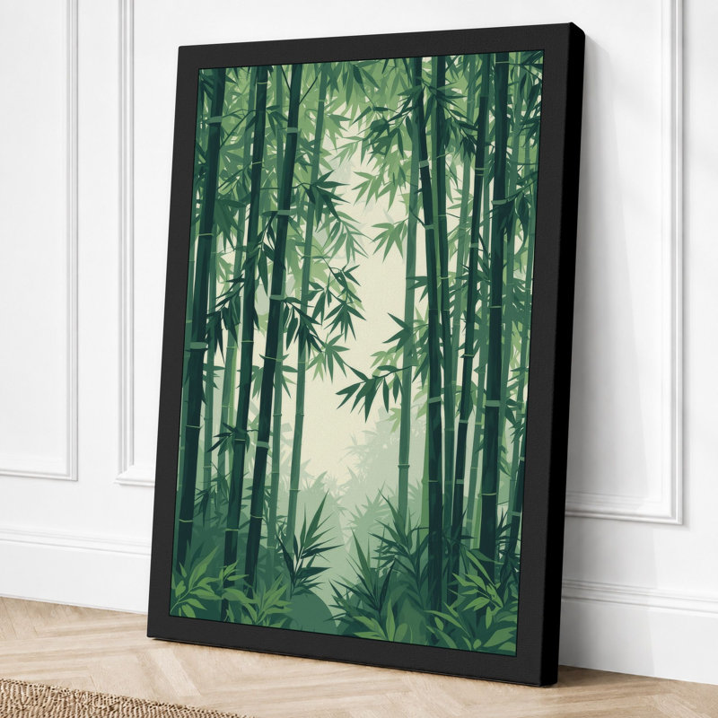 Misty Bamboo Grove Japandi 1 Piece Wrapped Canvas Wall Art, 30x20 - 76.2 x 50.8 cm, Black Border