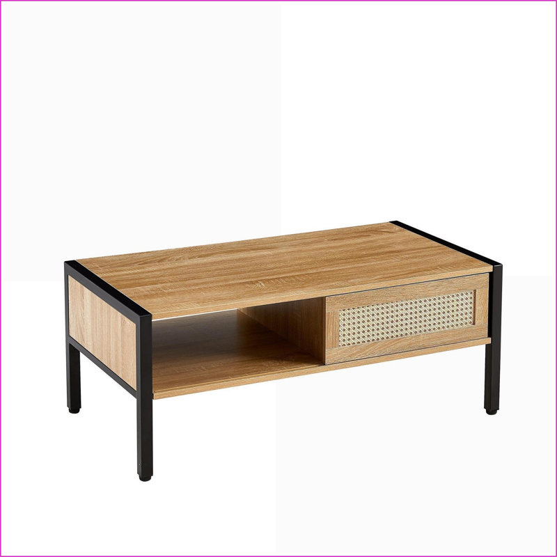 Table basse en rotin naturel avec porte coulissante et pieds en métal pour le salon, rangement peu encombrant