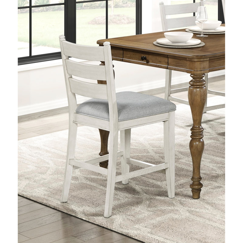 Chaises à hauteur de comptoir de 2 avec aspect blanc antique, siège gris confortable, dossier, structure en bois, pour la salle à manger, assemblage requis