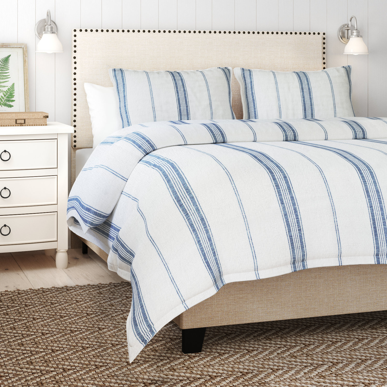 Fleta Cashmere Duvet Cover, King Duvet Cover, White/Blue Striped