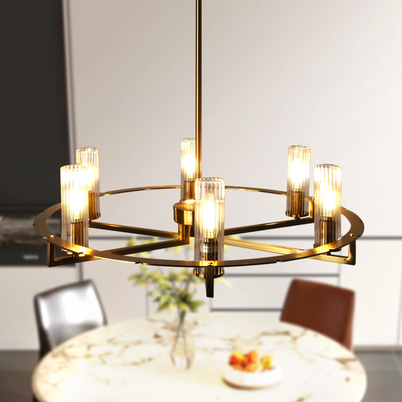 6 - Light Dimmable Gold Wagon Wheel Chandelier