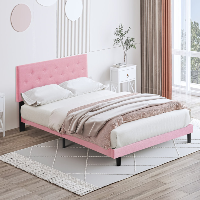 Structure de lit double tapissier avec tête de lit capitonnée en lin, support de lattes de bois, aucun sommier requis, rose