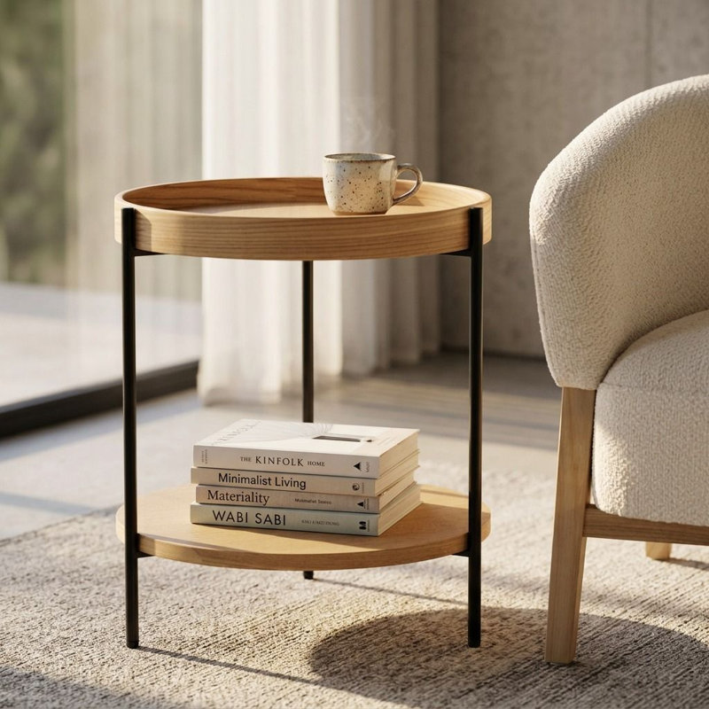 Lunaleigh - Table de bout ronde moderne, Bois naturel
