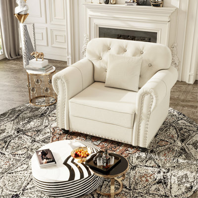 Canapé en velours de 41,3 po avec garniture cloutée et accoudoirs roulés, canapé Chesterfield moderne de style Mid-Century capitonné, comprenant 1 oreiller, beige / blanc