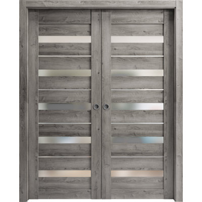 Portes coulissantes françaises doubles à galandage avec verre dépoli Quadro 4445 Gris Nebraska, trousse de garnitures, quincaillerie de rail, bois massif, intérieur de chambre, portes robustes 64 po x 96 po (2 x 32 x 96 po)