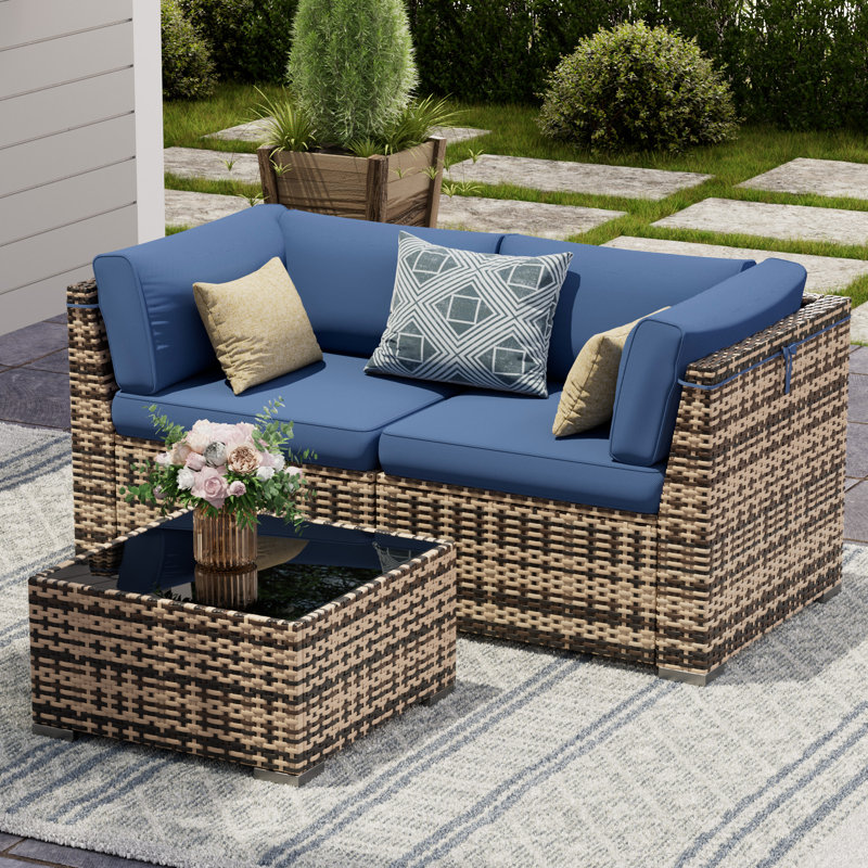 Outdoor Wicker Patio Loveseat Sofa With Cushions, All-Weather PE Rattan Outdoor Couch With Adjustable Feet, Anti-Slip Cushions & Modern Side Table For Porch, Backyard