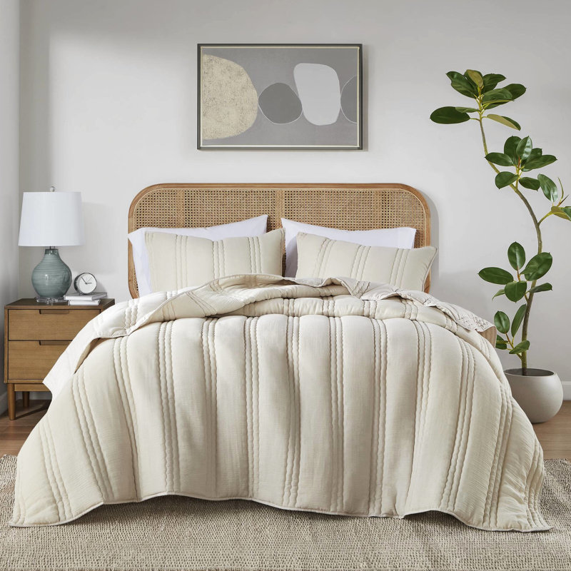 3 pièces de courtepointe gaze très grand / très grand naturel - literie douce avec motif de matelassage en forme de rainure, texture froissée, approuvée, rembourrée à la machine et 2 taies décoratives, courtepointe, look, sans danger pour la peau