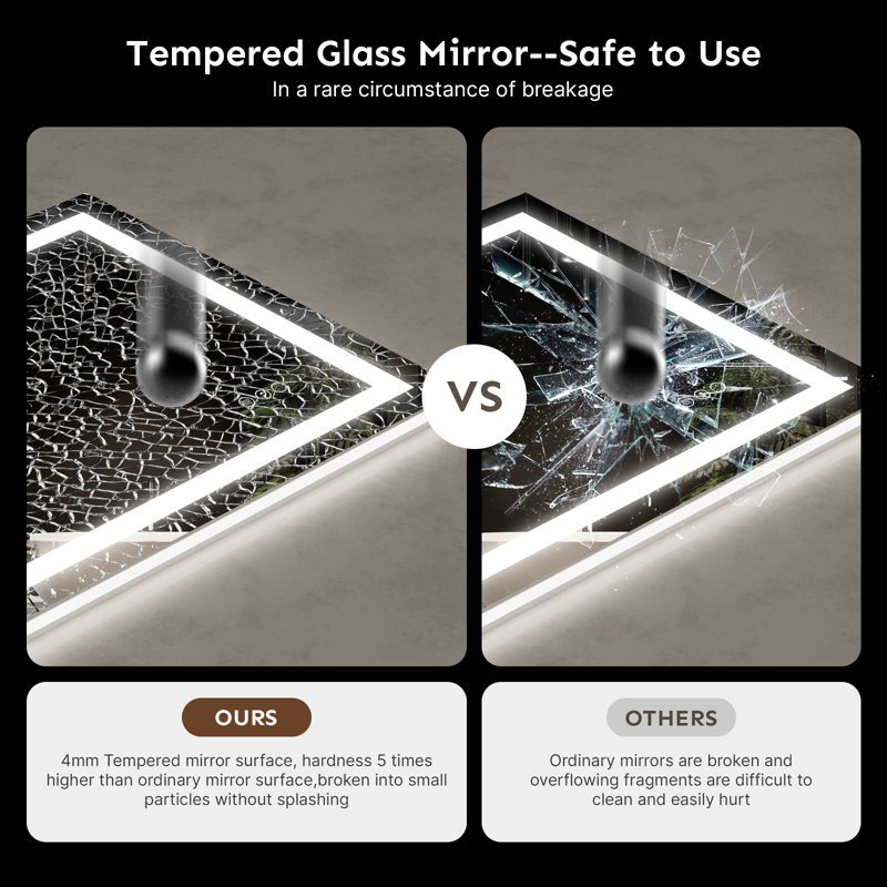 Led Backlit Frameless Lighted Bathroom Mirror Wall Mirror Dimmable Anti-fog, 40" x 24"