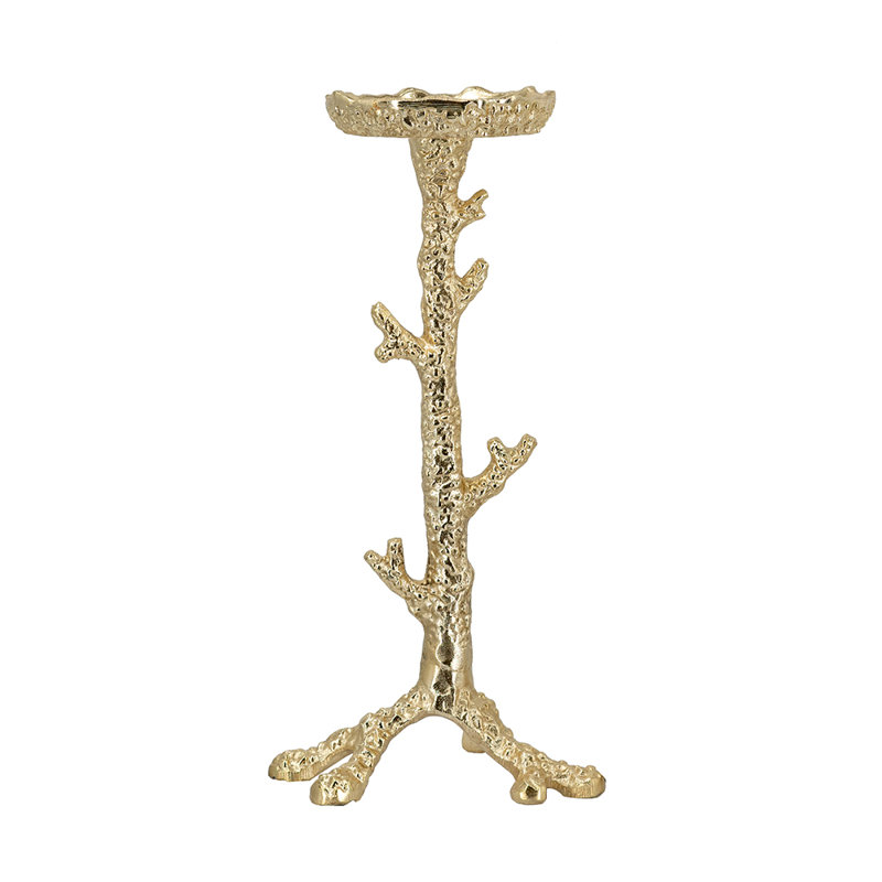4.5X4.5X12" Gold Aluminum Pillar Candle Holder With Coral Branch Design, 12”H x 4.5”D