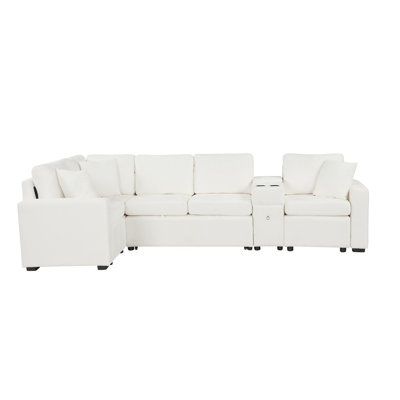 120.5" L-Shaped Convertible Sofa Bed Modular Sectional Sofa Reversible Sleeper With Pull-Out Bed, Cup Holders, And Ample Storage Space For Living Room(Old SKU:N719S001940K), White