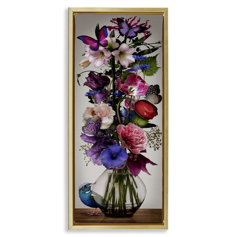 «Bird Peeking at Bouquet», art mural sur toile flottante par Reinders, Cadre flottant métallique doré, H 25 po x l 11 po