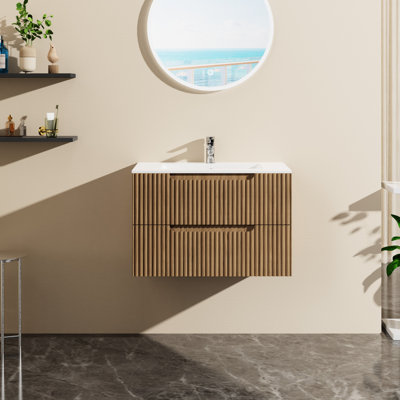 Lavabo de salle de bain flottant 30 po, mural, couleur noyer, tiroir à fermeture en douceur, tiroirs spacieux pour le rangement des serviettes, conception Mid-Century avec lavabo en céramique, noyer, 2 très grands rangements