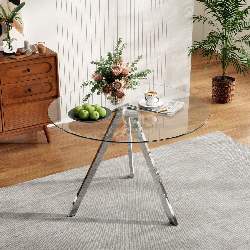 Table de salle à manger avec plateau en verre Bernadette, Argent argent, H 29,5 po x l 39,2 po x P 39,2 po