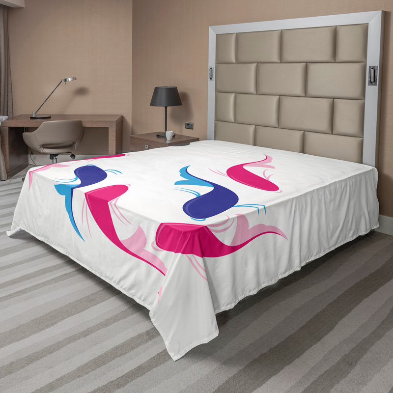 Drap-housse japonais Ambesonne poisson Yin Yang rose bleu, Drap plat pour très grand lit californien