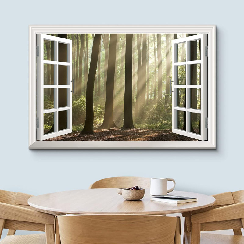 «Fenêtre blanche moderne donnant sur une forêt brumeuse avec des rayons à travers», H 24 po x l 36 po