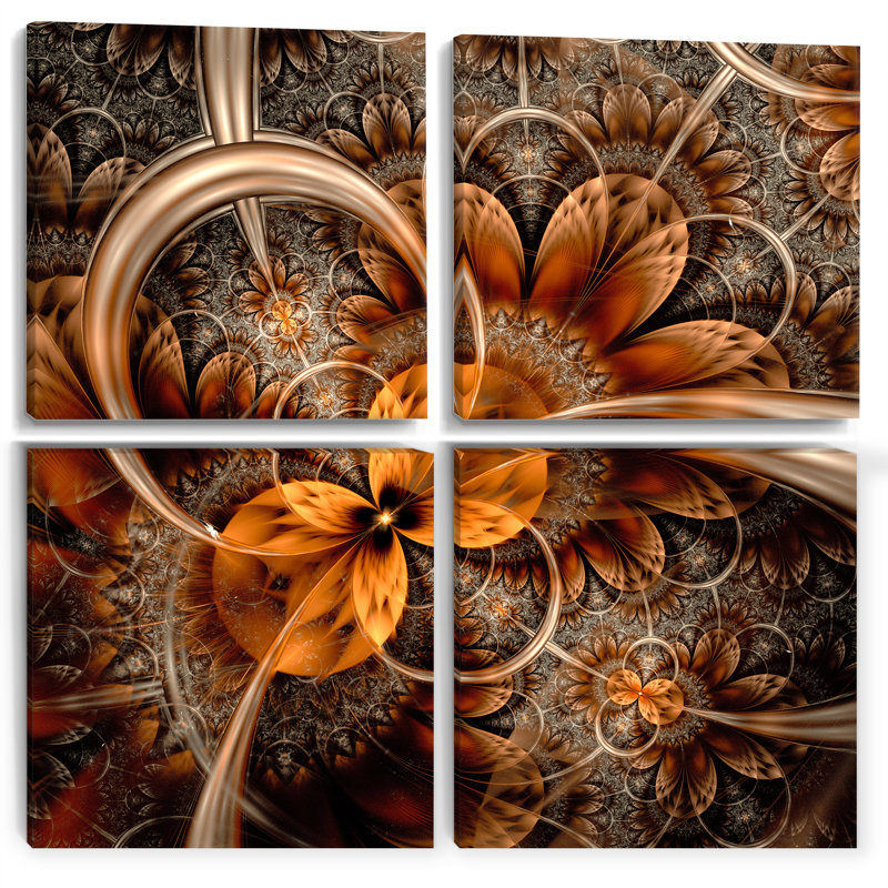 «Dark Orange Fractal Flower», ensemble de 4 reproductions d'art sur toile abstraites