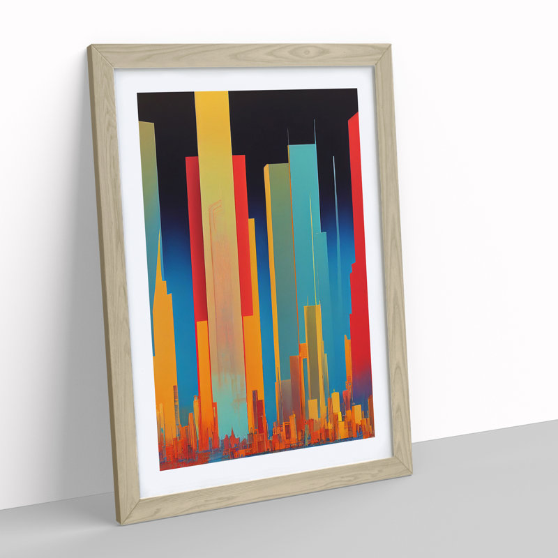 Animated City Skyline Abstract - Wall Art, 64cm H x 46cm W, Oak Framed