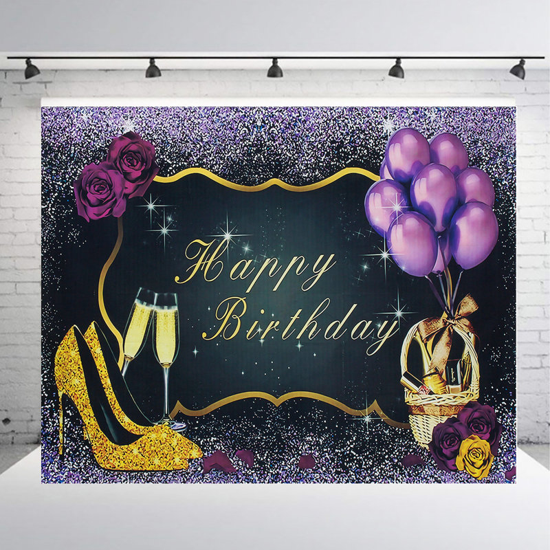 Purple Gold Black Happy Birthday Backdrop Party Decoration