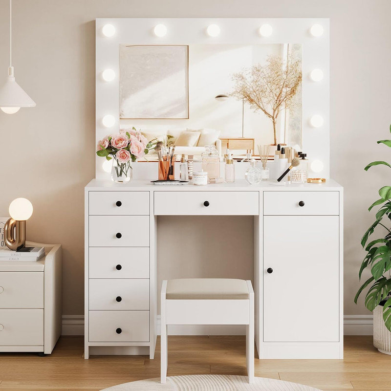 Bureau de coiffeuse avec miroir et lumière, coiffeuse de maquillage avec station de charge, 7 tiroirs de rangement, 1 armoire, 3 modes d'éclairage couleur, coiffeuse en bois moderne pour la chambre à coucher