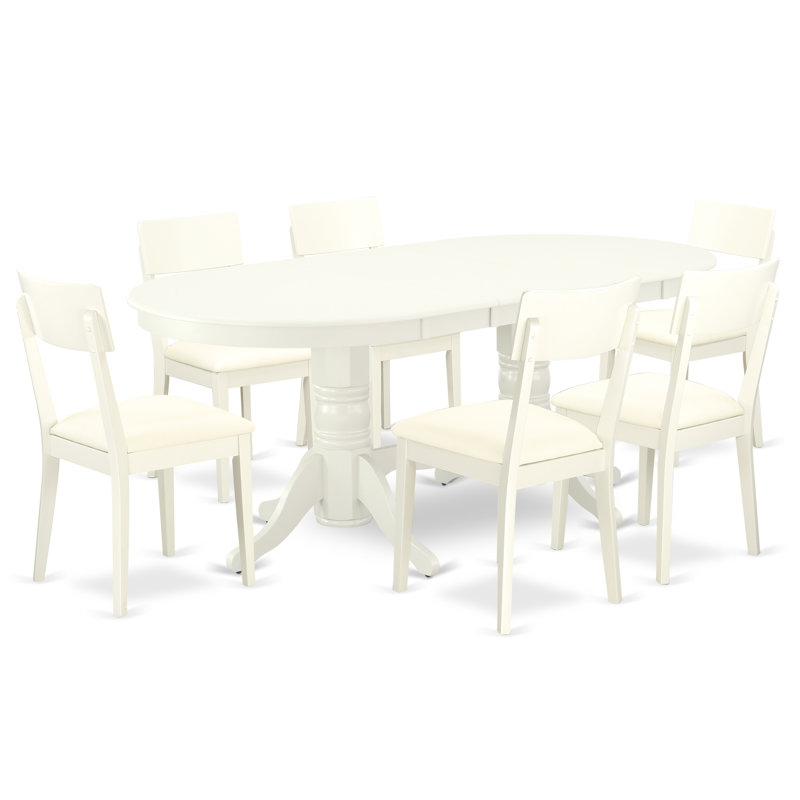 Ensemble de salle à manger 7 pièces comprenant une table ovale à rallonge papillon et 6 chaises de salle à manger rembourrées en similicuir, 101,6 x 193,3 cm, blanc lin