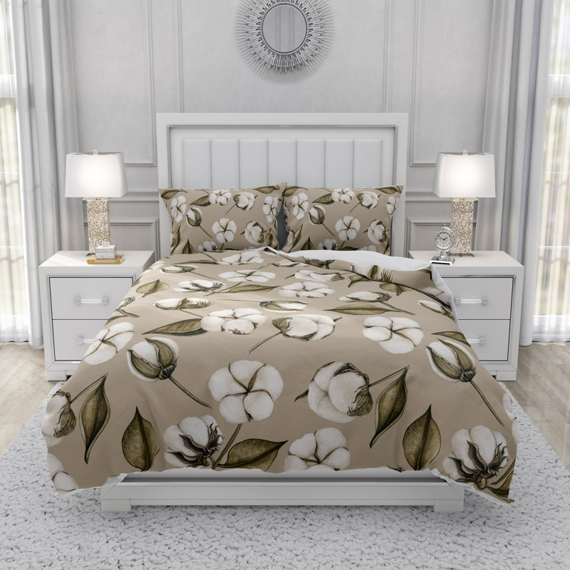 Floral Duvet Cover, King Duvet Cover + 2 King Shams, Beige Floral