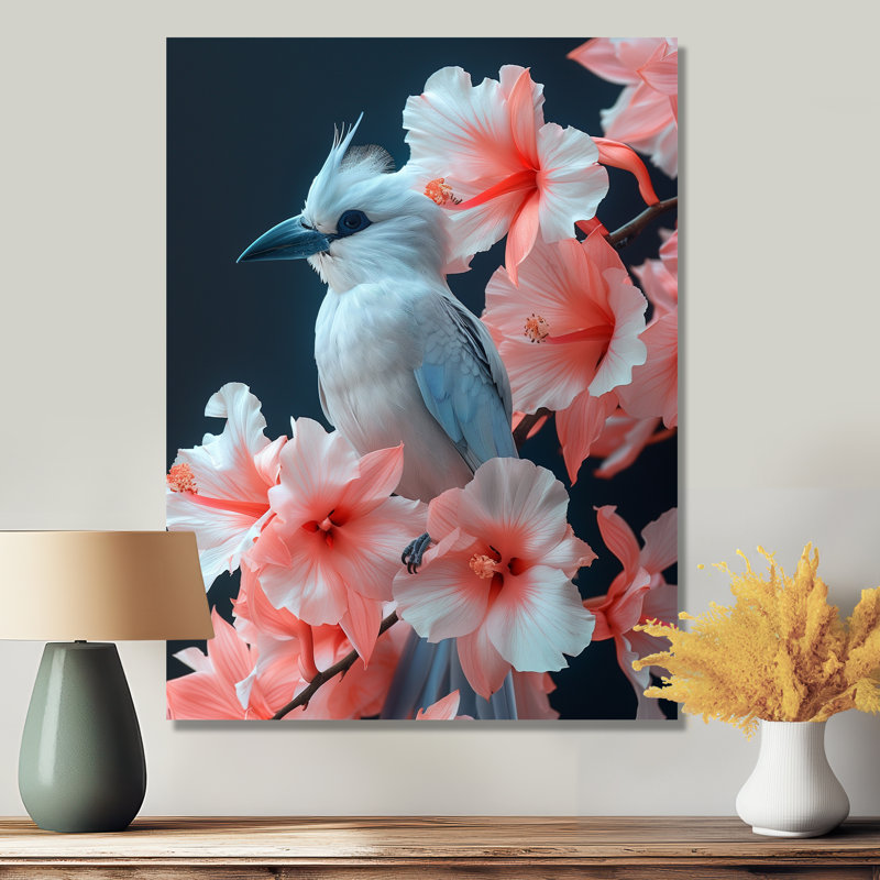 Oasis d'oiseaux tropicaux roses et blancs - salon d'art mural, Silver Floater Framed, 32" H x 24" W