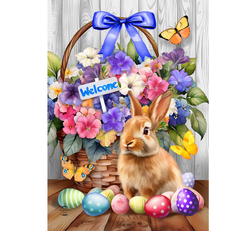 Drapeau «Welcome Bunny And Basket House», Lapin violet/brun/gris