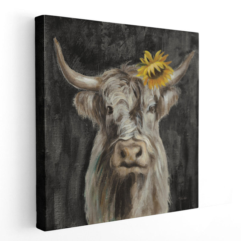 Floral Highland Cow - reproduction d'art sur toile, H 12 po x l 12 po