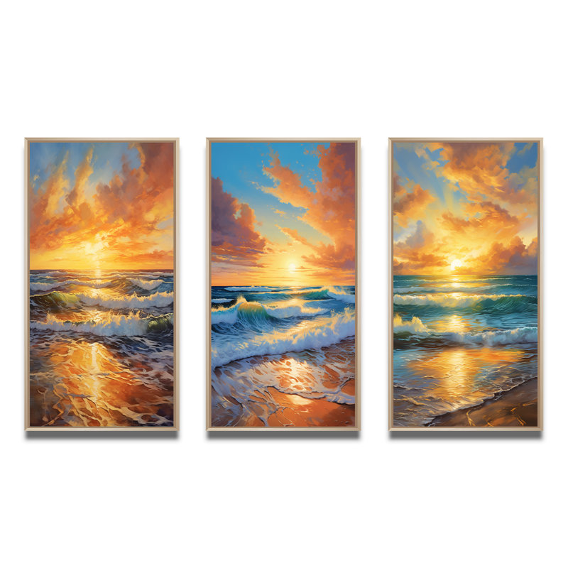 «Beach Photo Sunlit Horizons», 3 pièces, H 20 po x l 36 po, Cadre naturel flottant
