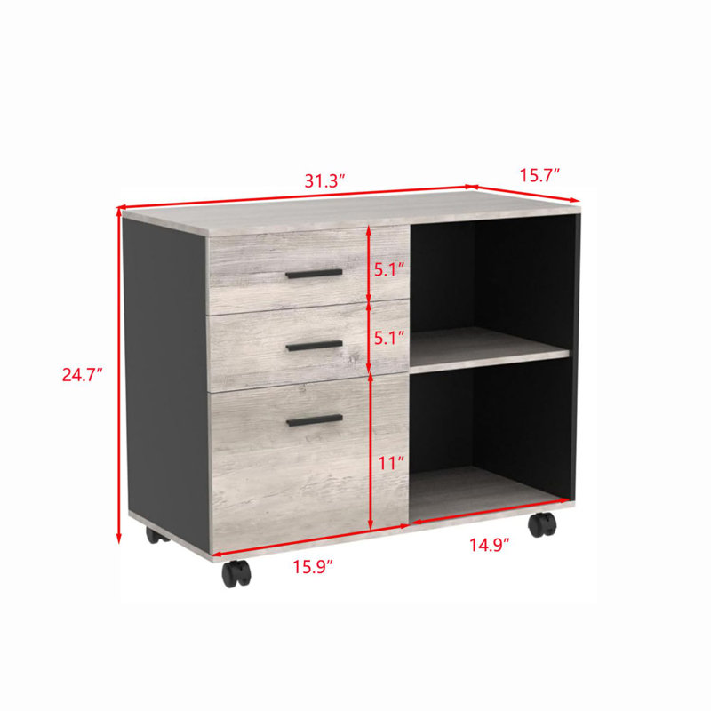 Greige 3-Drawer Wood Mobile Filing Cabinet with Open Shelves